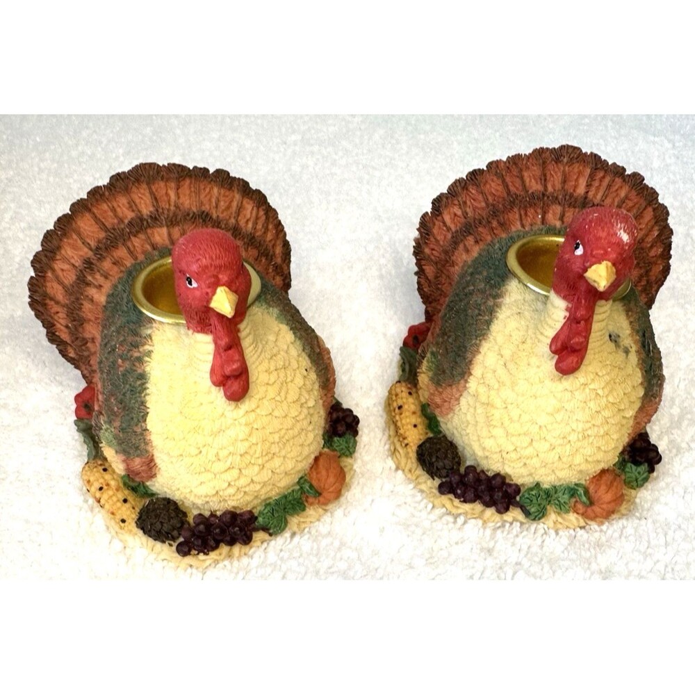 Vintage Pair of Turkey Taper Candle Holders Fall Thanksgiving 3" x 3" x 2.75"
